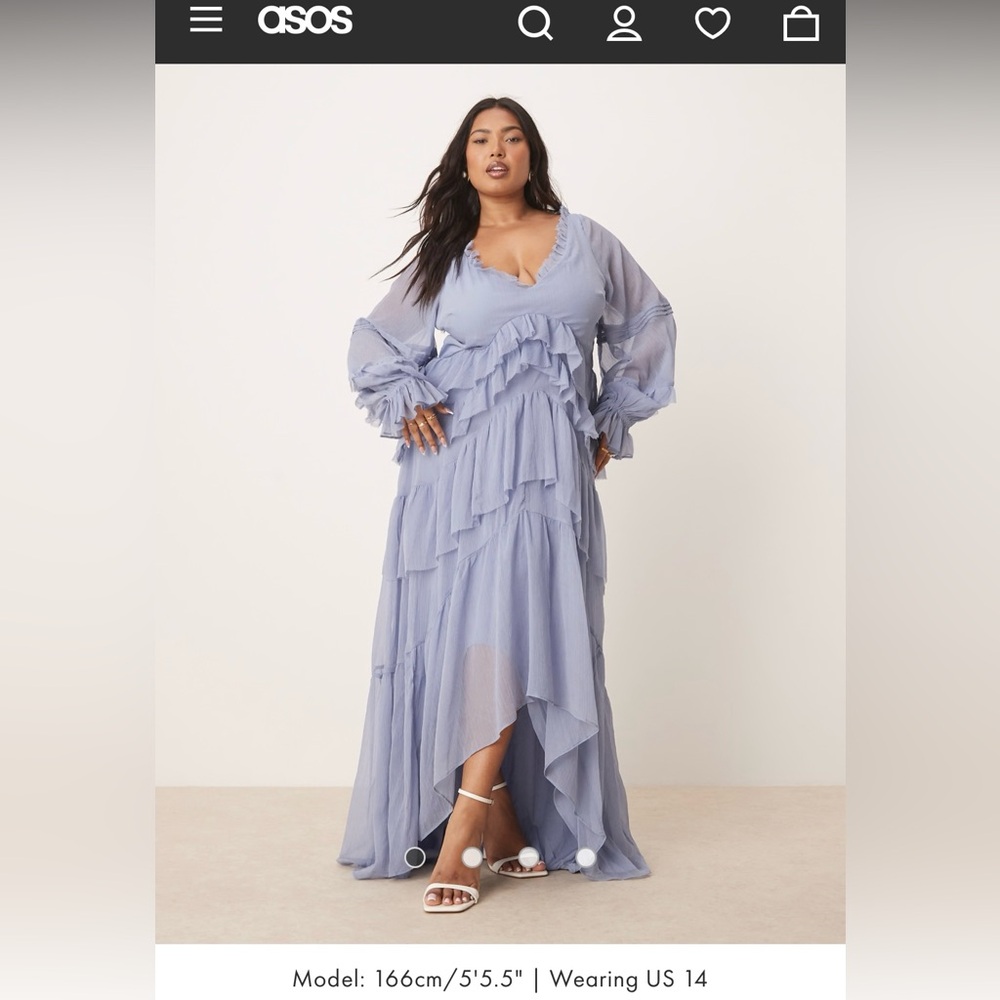 ASOS DESIGN CURVE Blue Tiered Fray Ruffle Hi Low Hem Maxi Dress